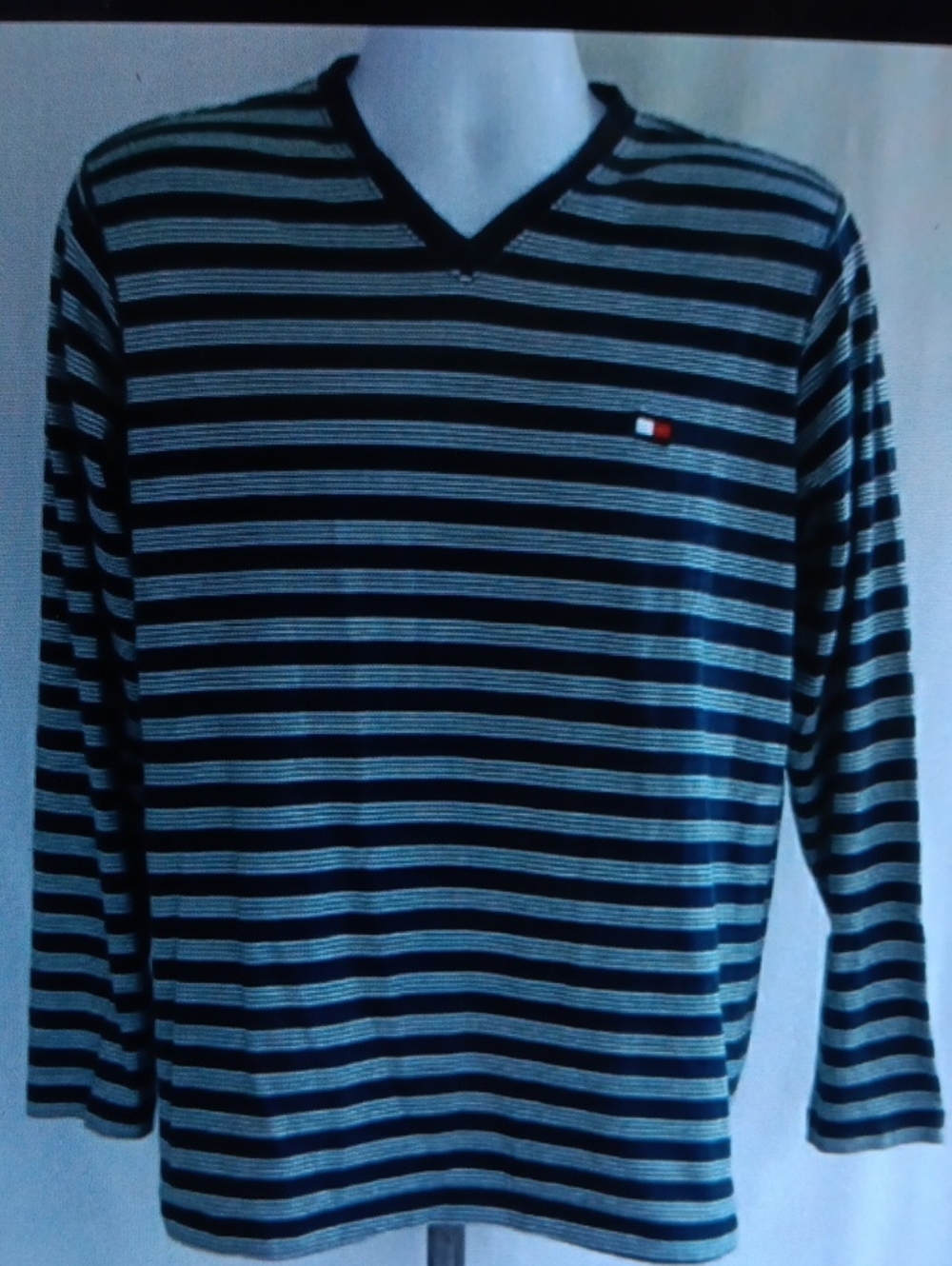 Tommy Hilfiger Navy Blue Green White Striped V-Neck Long Sleeve Tee
